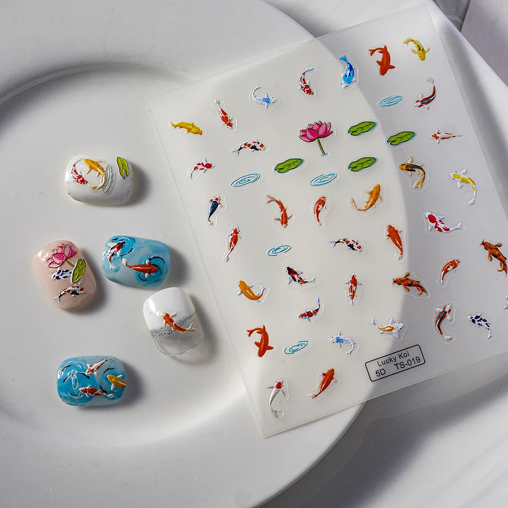 5D Koi Karpfen Nagel Aufkleber Grün Lotus Kawaii Roter Karpfen Nagelschieber für Maniküre Relief DIY Acryl Nägel Fisch Zubehör Aufkleber – Detail 3