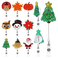 Glitter Acrylic Christmas Tree Santa Claus Badge Reel Retractable ID Badge Holder With 360 Rotating Alligator Clip Name Holder