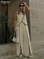 Clacive Summer Loose White Cotton 2 Piece Sets Woman Outfit 2025 Fashion Sleeveless Tank Top With High Waist Slit Wide Pants Set - Image 3