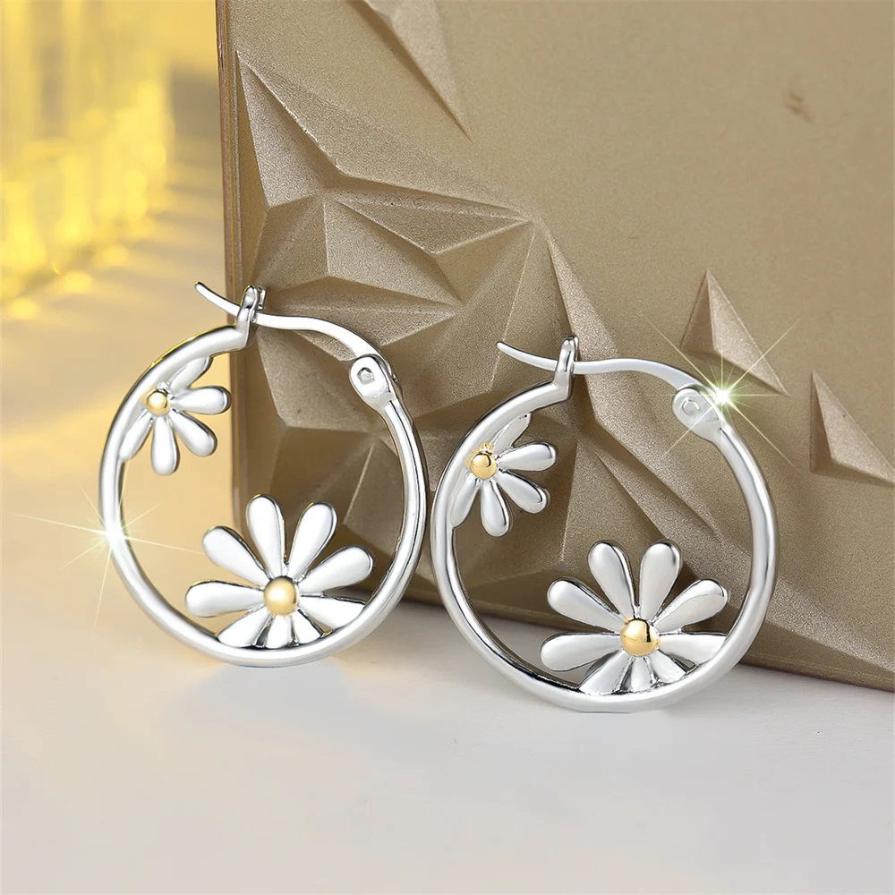 Simple Fashion Small Daisy Flower Hoop Earrings For Women Vintage Silver Color Ear Buckle Wedding Jewelry Engagement Party Gifts