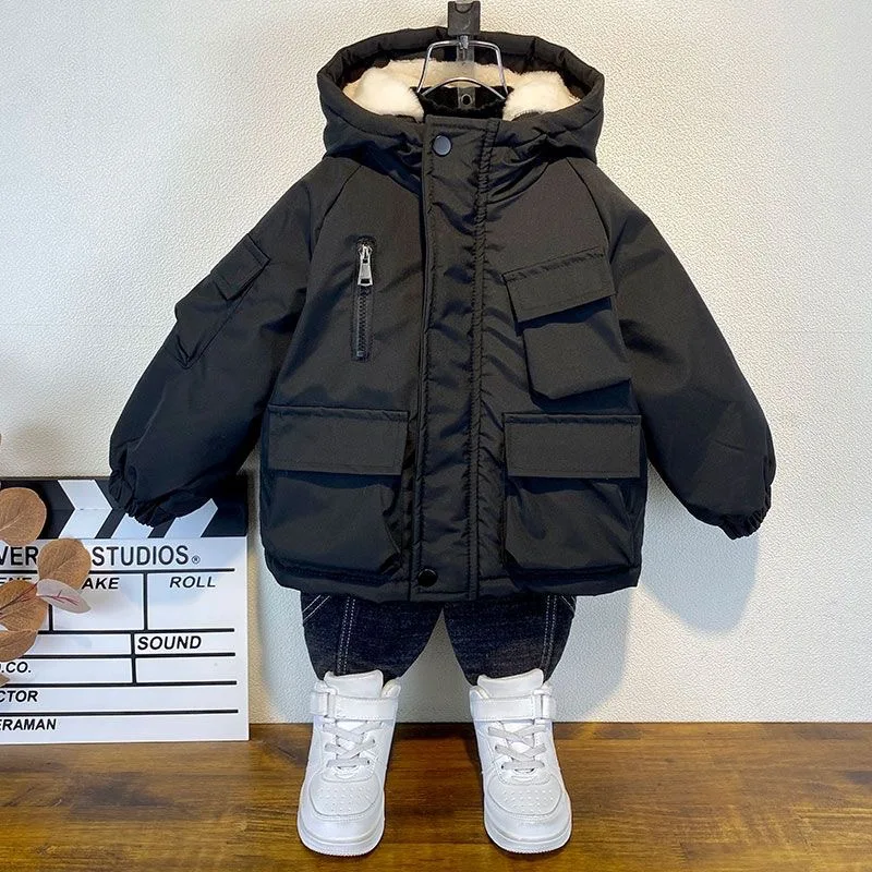 

2023 Winter Boys Casual Thick Warm Fleece Hooded Coat Baby Kids Children Jacket Outerwear Two Colors