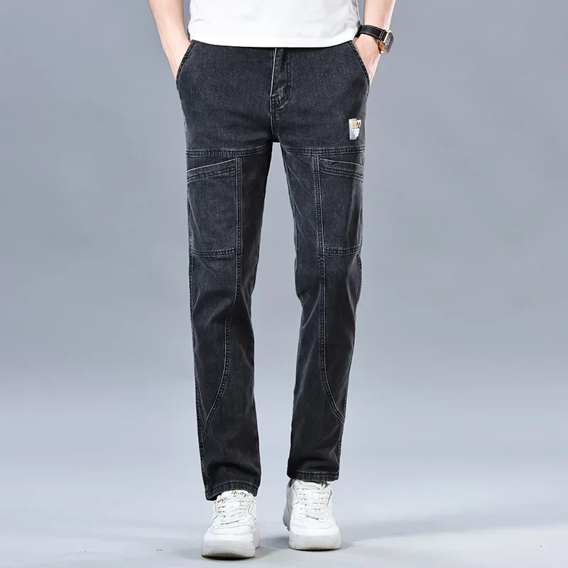 2024 Men's Summer Fashion Men's Jeans Multi-pocket Splicing Straight-leg Casual Denim Trousers Personalized Dark Blue Brand 3