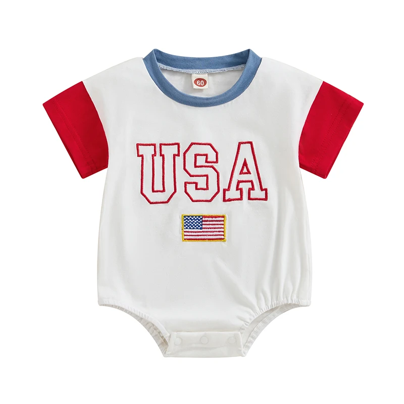 

4th of July Baby T-shirt Romper Embroidered USA Letter Flag O-Neck Short Sleeve Newborn Boy Girl Bodysuit