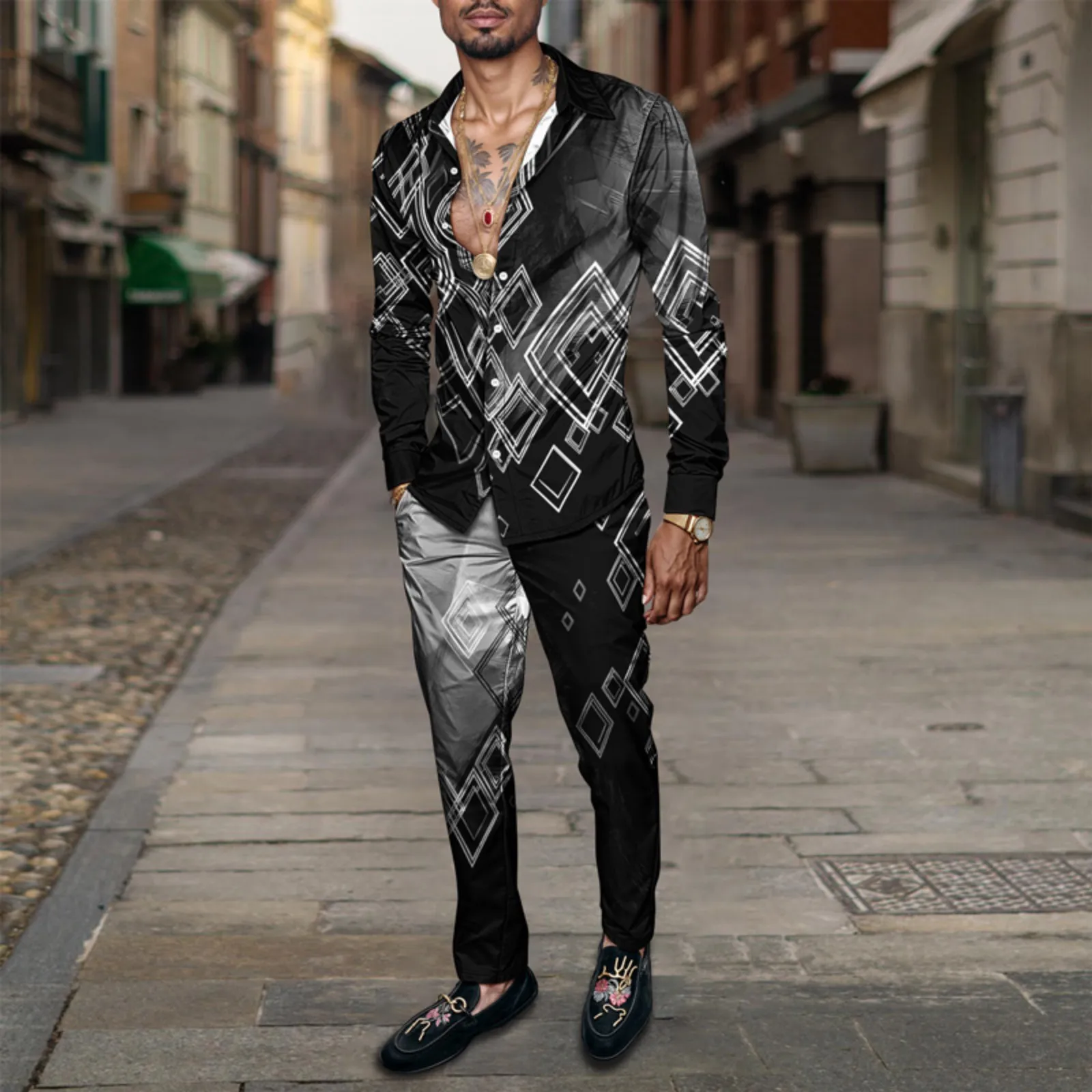 2025 Trendy Men Shirt Set Geometry Print Summer Fashion Simple Two Piece Set Mens Gradient Lightweight Party Long Sleeves Suit_voghion.com
