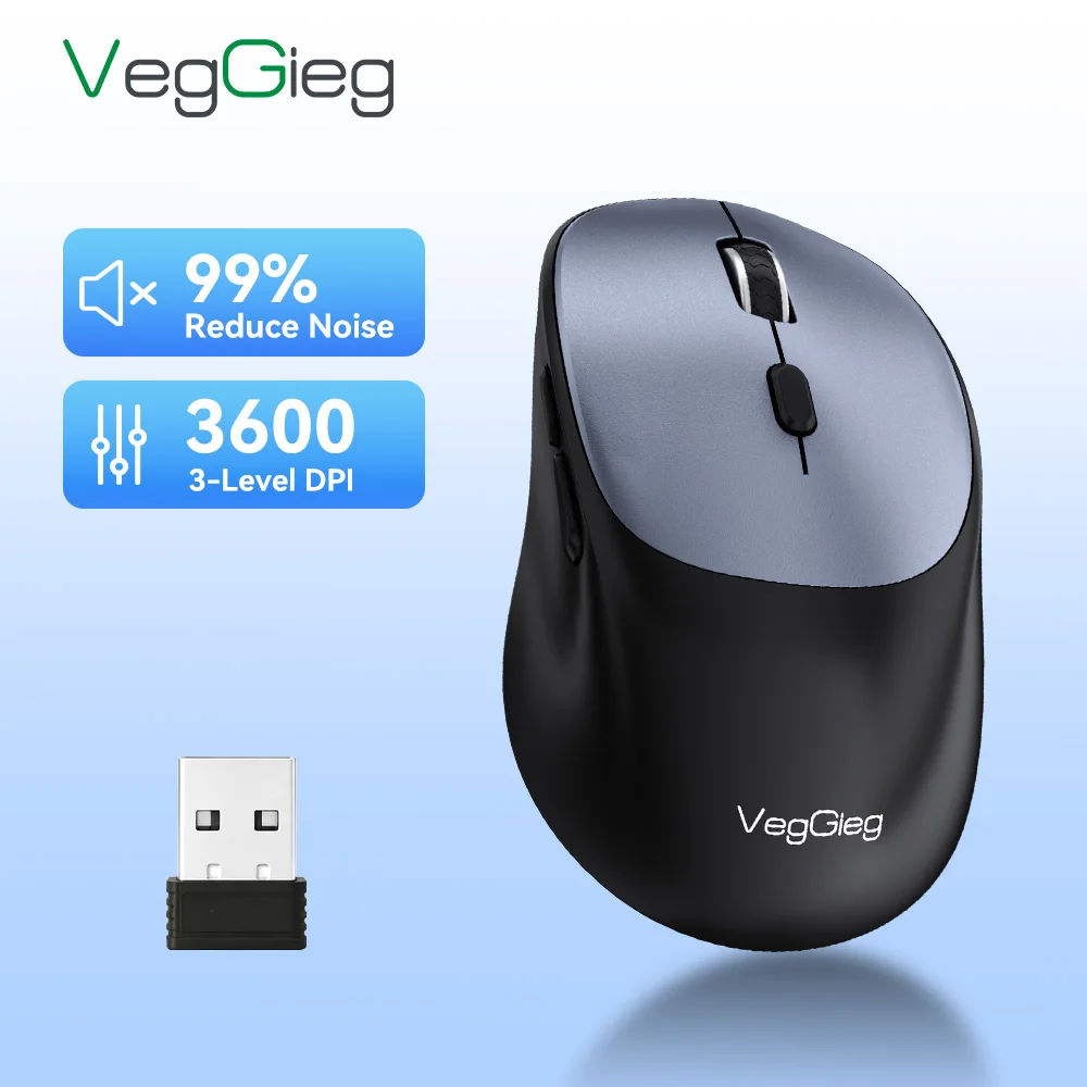 VegGieg Silent Click 무선 마우스 3600DPI 5.3 블루투스 듀얼 모드 PC Mac 노트북용 충전식 인체공학적 오피스 마우스