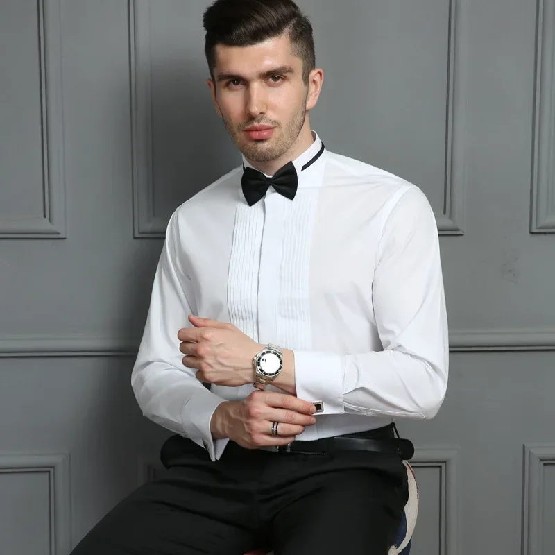 

New men's tuxedo Business social shirt Long sleeve classic French button solid color plus size (including cufflinks and bow tie)