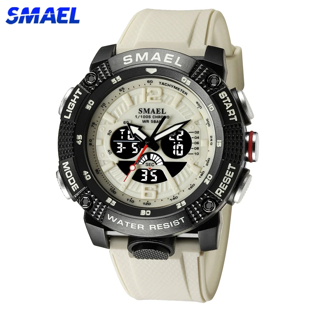 

SMAEL Dual Time Digital Watch for Men Military Sport Chronograph Quartz Wristwatch Beige Strap with Date Electronic Clock Male