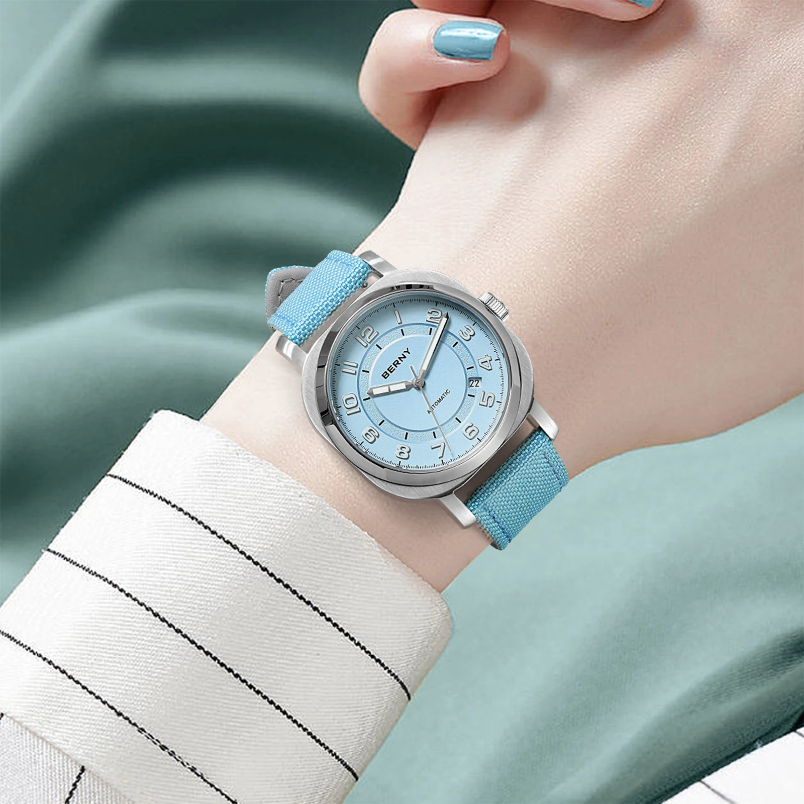 BERNY Mechanical Watch for Women Self-wind Pillow Cushion Sapphire Super Luminous Wristwatch Canvas Calendar Watch for Ladies 6