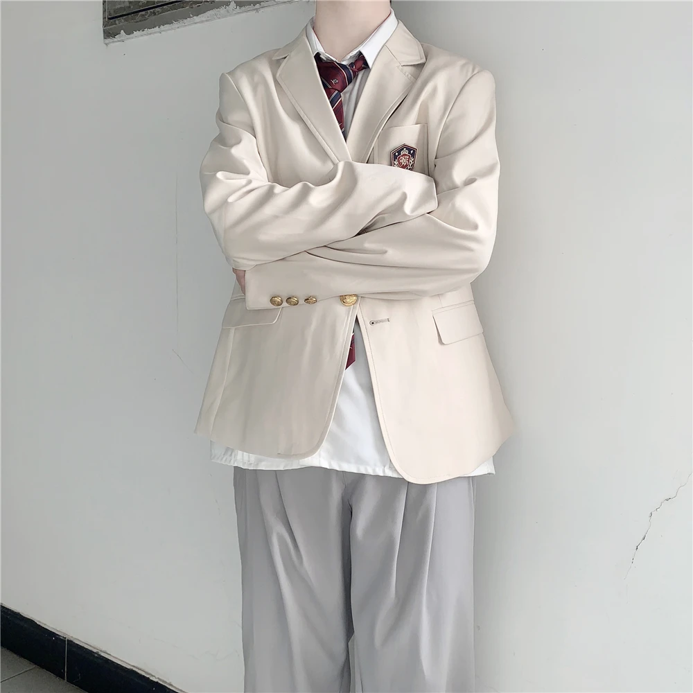 Japanese Preppy Style Men Suit Jacket Spring Autumn Students Badge JK/DK Uniform Coat Women's Suit Top White Couple Clothes