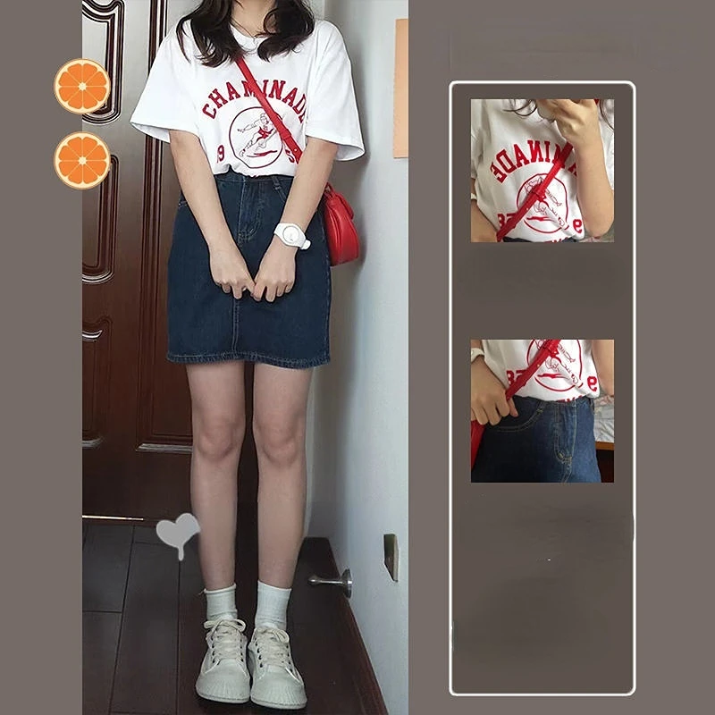 

2023 New Spring and Summer Casual Fashion Wear Campus Style Suit Female Loose Short-sleeved T-shirt Denim Skirt