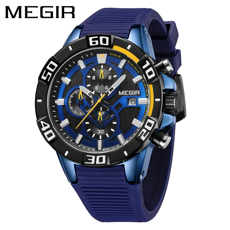 MEGIR Fashion Blue Quartz Watch Silicone Waterproof Luminous Sport Chronograph Mens Watches Top Brand Luxury Relogio Masculino