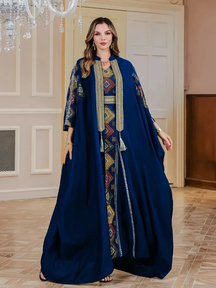 م 2 قطعة مجموعة فساتين التطريز النسائية المفتوحة عباية البدلة جلابية  قفطان حفلة فيستدوس سترة رداء