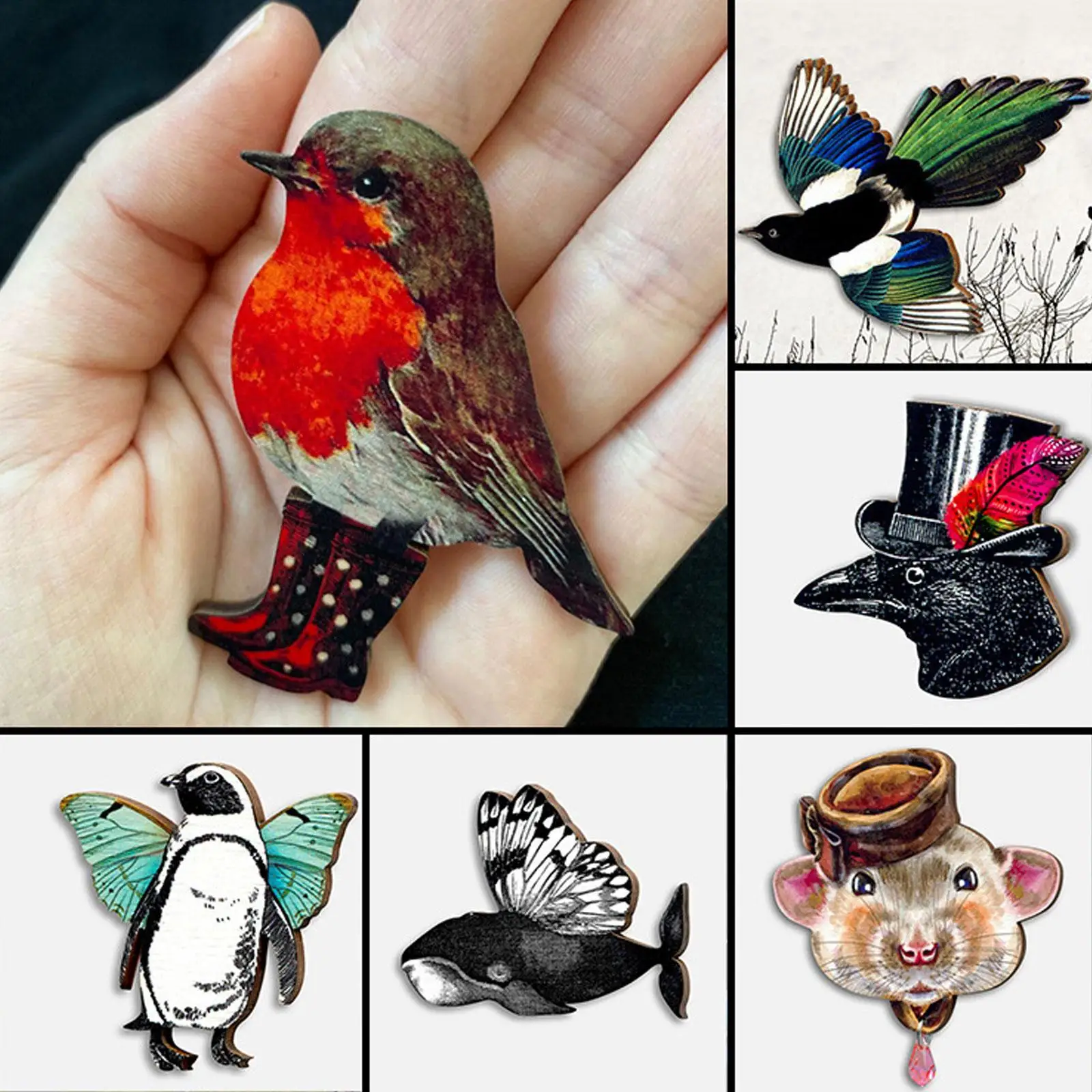 1 Stuk Houten Ekster Vogels Broche Pin Dier Vintage Broches Voor Vrouwen Schattige Pinguïn Muis Ekster Sjaal Spelden Houten Broche Vogel