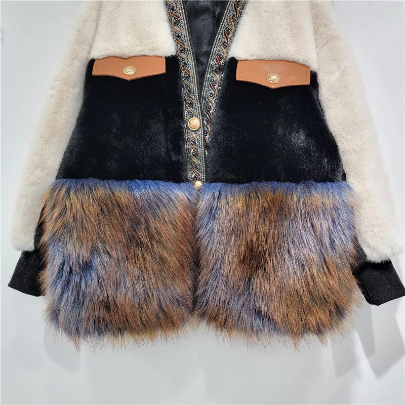 European Goods Women's Fur Coat Winter New Fashion Heavy Loose Slim Beaded Edge Warm Long Sleeves Elegant Ladies Fur Jacket