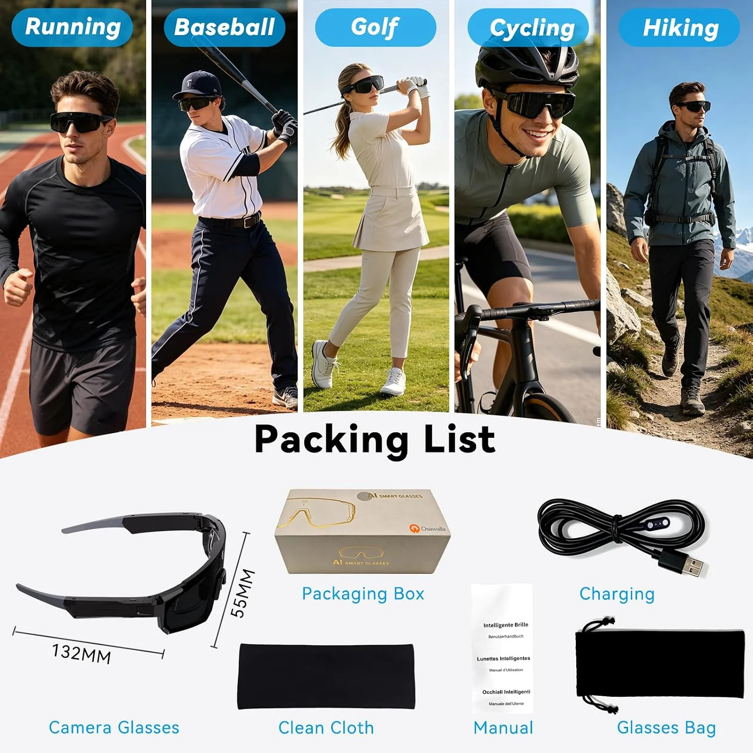 Nuovi Occhiali Smart AI per Ciclismo Outdoor 2026 con Fotocamera Video 1200P, Assistente AI ChatGPT, Traduzione Vocale 32GB, Occhiali da Sole Uomo - immagine 6