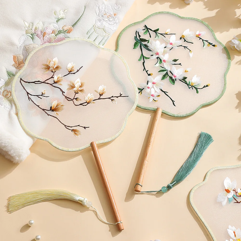 Embroidered Group Fan Ancient Style Fan Summer Long Handled Tassel Dance Hanfu Palace Fan Children's Cheongsam Round Fan 3