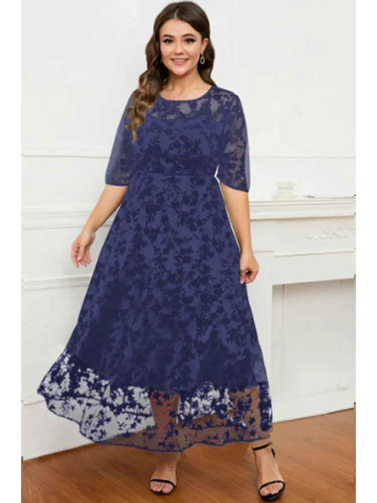 thumbnail image 1 of Vestido largo de talla grande de manga corta para mujer, vestido formal largo de terciopelo de doble capa con malla flocada y encaje negro, vestido de fiesta elegante, 1 of 5