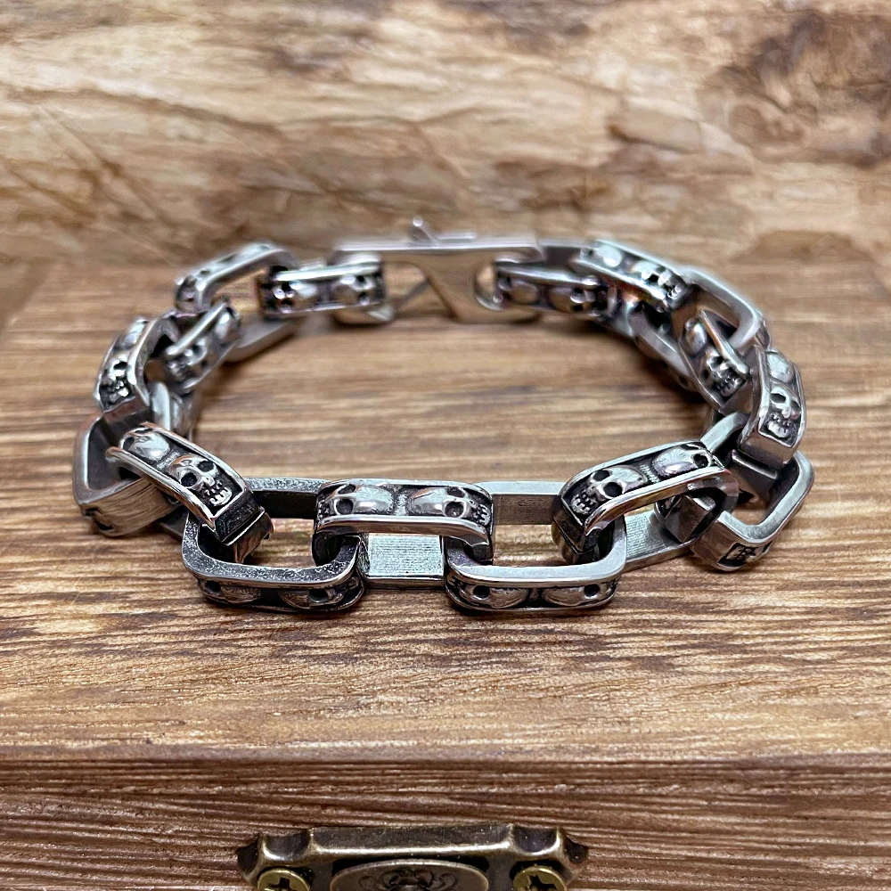 Gothic Punk Skull Bracelet Viking Curb Cuba Chain Bangle Men