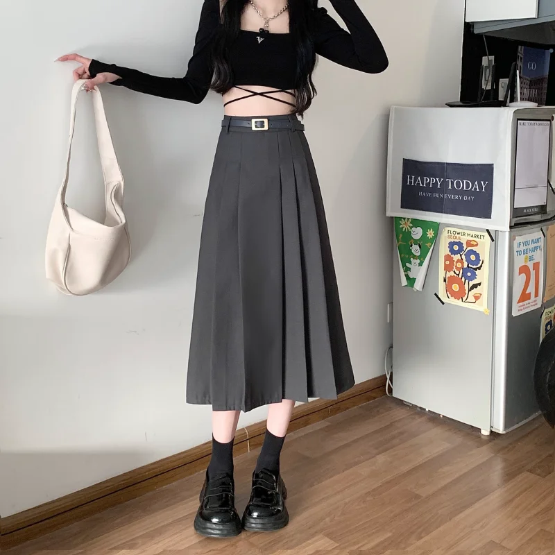 Women's Spring New High Waist Pleated Skirt Fashion Hanging Upscale Elegance Solid Color Belt Versatile Mid Length A-line Skirt htd 3m timing belt width 10mm rubber closed loop length 156 159 162 165 168 171 174 177 180 183 186mm htd3m synchronous belt 3m