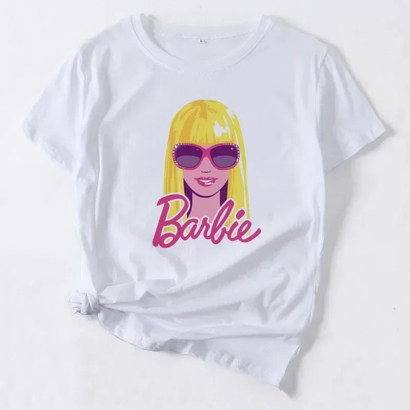 Barbie Cartoon T-Shirt Women Letter Top Crew Neck Print Summer Short Sleeve Clothes Anime Kawaii Oversize Girls Tshirts 4