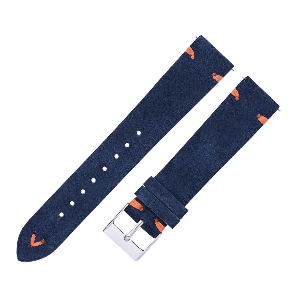 Luxurious Hand-Stitched Suede Leather Watch Straps in Beige, Green, and Blue with Quick Release