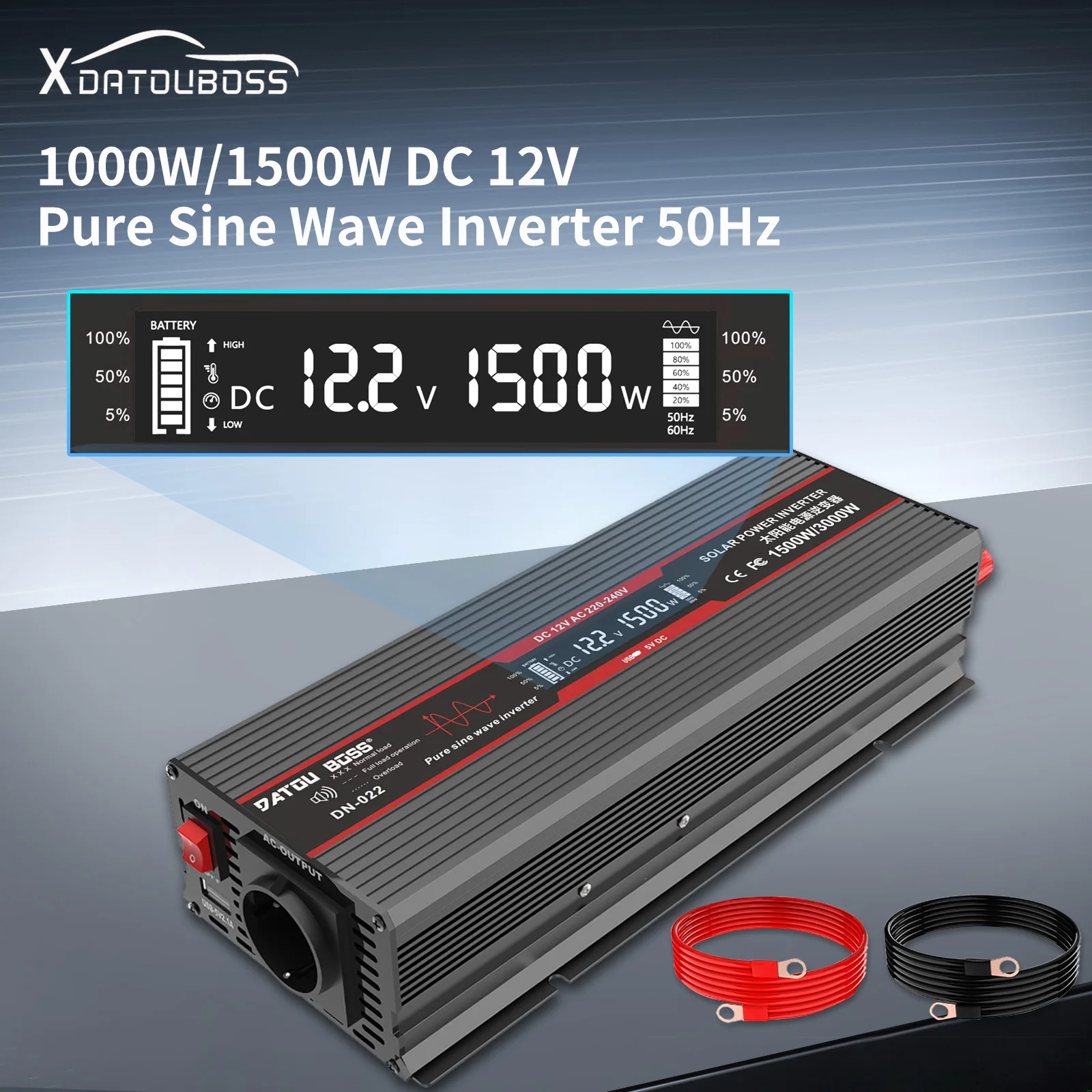 pure sine wave inverter DATOU inverter 12v to 230v pure sine wave converter 220v to 12v 1500W 3000W peak power LCD Sreen USB interface for cars