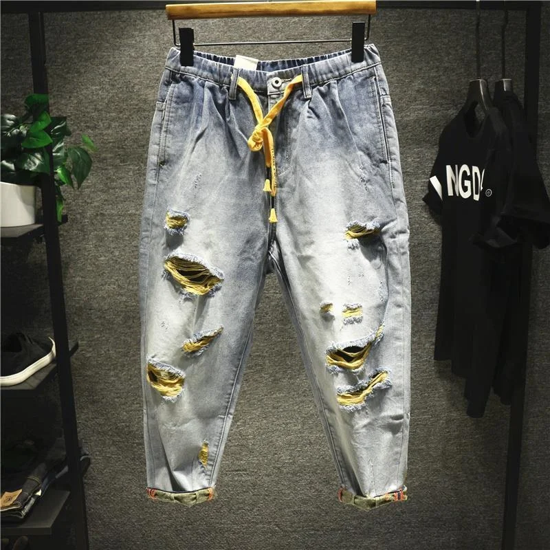 

Hole Men Harem Denim Trousers Biker Streetwear Spring Summer Casual Loose Cowboy Pants Korean Fashion Mens Ripped Jeans 2022 New