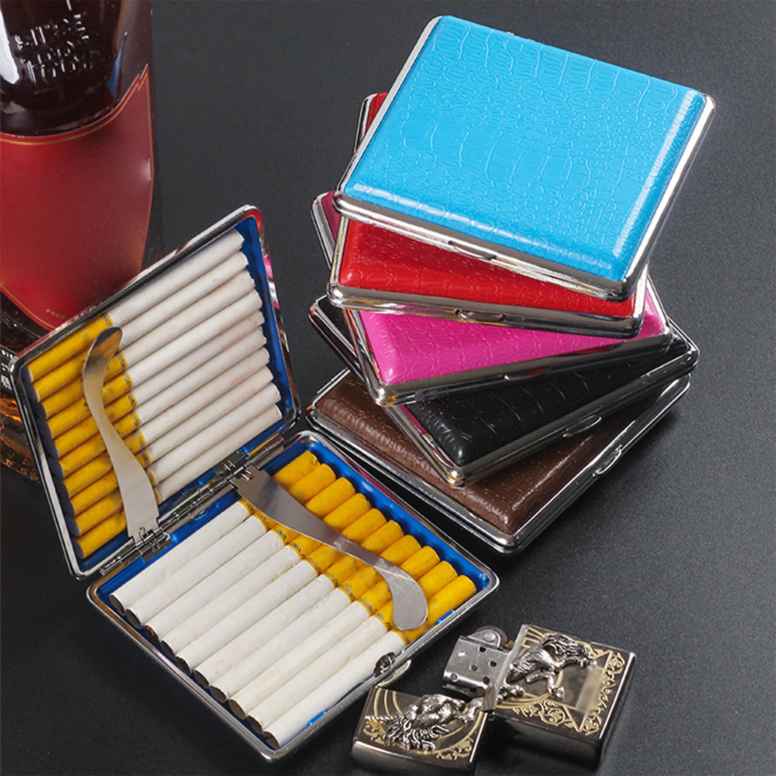 

20 Sticks Gift for Men's Leather Cigarette Box Cigar Case Metal Leather Smoking Accessories Cigarette Lady Storage Cover Hold