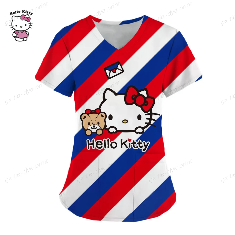 thumbnail image 1 of Uniforme de Hello Kitty para mujer, camisa de trabajo de enfermera con estampado de dibujos animados de Hello Kitty, bata con bolsillo, uniforme de enfermería para Navidad, 1 of 5