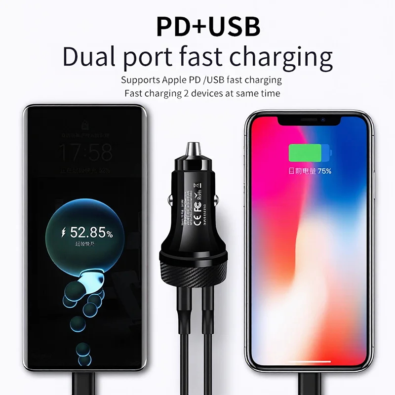 차량용 60W 초고속 충전기 PD30W 타입 C QC USB A 듀얼 포트 어댑터 블루 LED 링 지능형 칩 (블랙박스용)