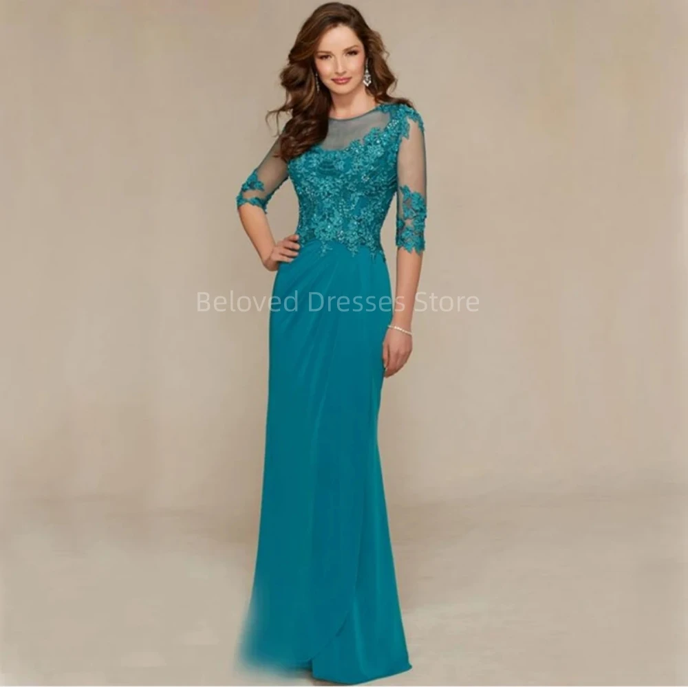

Luxurious Blue Green Dresses Half Sleeves A-Line Lace Chiffon Weddings Party Formal Prom Evening Gowns 2023 Vestido De Noche