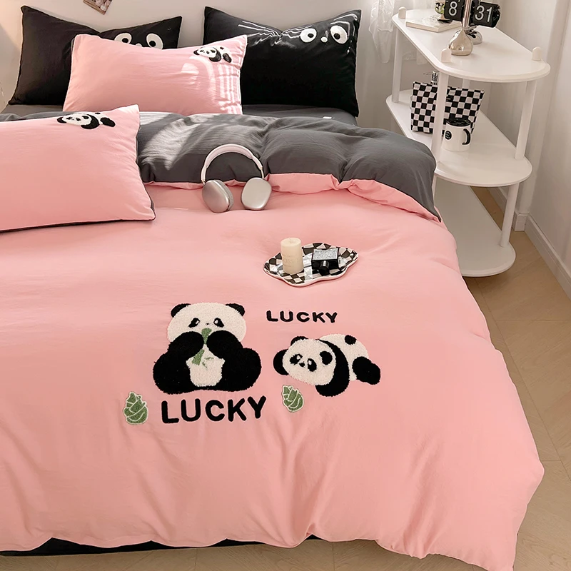 Cute Panda 100% Cotton Bedding Set Kawaii Embroidered Duvet Cover Bed Sheets Set Flat/Fitted Sheet Bed Linen Pillowcase for Kids 5