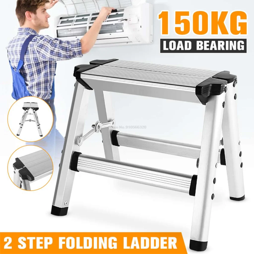 Stool Folding Ladder 150KG Maximum Load 2 Step Anti Slip Safety Aluminium Ladder 