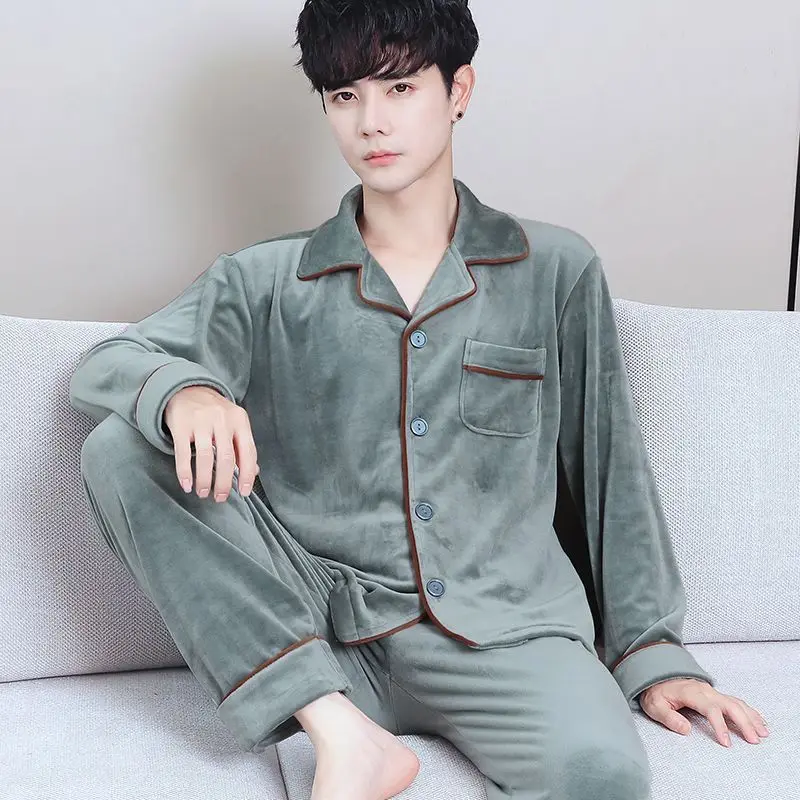 2024 New Mens Pajamas Island Velvet Sleepwear Autumn Winter Cardigan Loungewear Coral Velvet Solid Color V-neck Homewear Suit