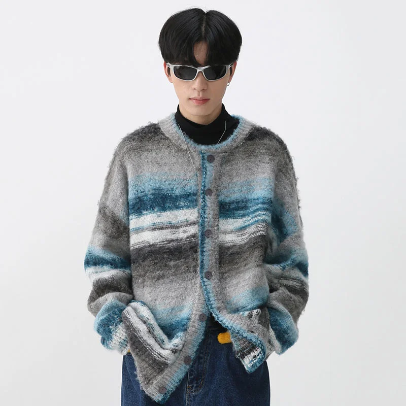 SYUHGFA Men's Colorful Sweater Cardigan Stripe Rainbow Knitted Coat Long Sleeve Korean Fashion Male 2024 Autumn Winter Clothing