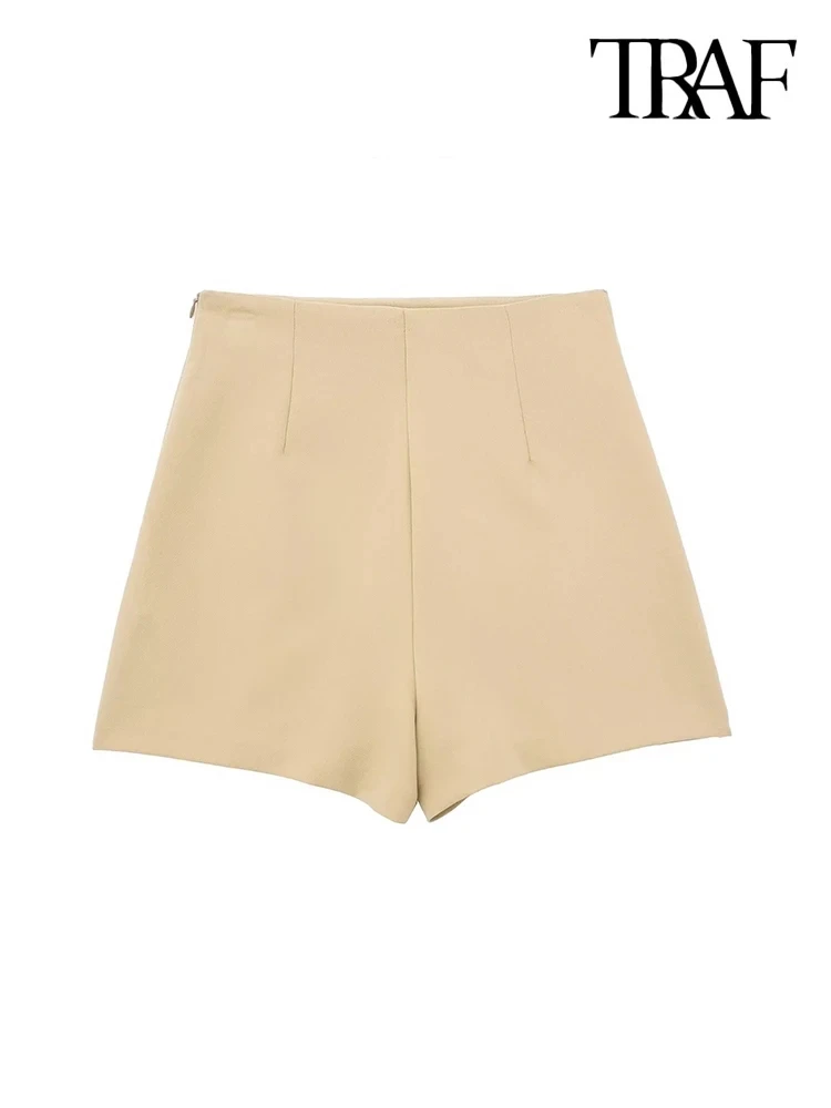 TRAF-Women's Front Slit Shorts Skirts With Side Zipper, High Waist, Female Skort,Fashion