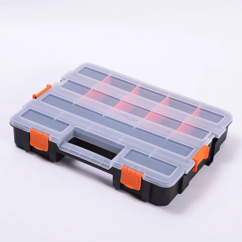 Handheld toolbox open showing compartments