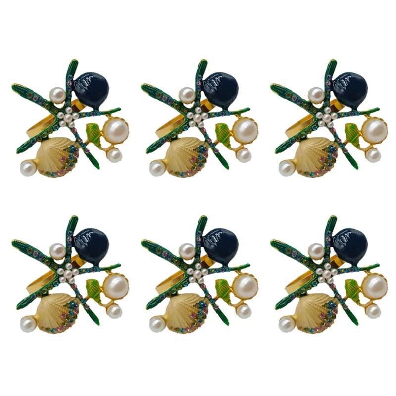 

6 Pcs Starfish Napkin Rings,Pearl Rhinestone Ocean Nautical Napkin Ring Holders For Wedding Party,Table Decor,Etc