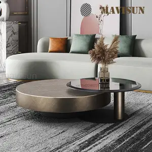 Fashion Golden Living Room Center Tea Tables With Black Glass Countertop Household Furniture Low And High Round Coffee Table Set