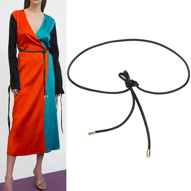 

Elegant Thin Belt For Women Sheepskin Knotted Long Waist Rope Female Dress Waist Chain Simple Decoration Luxury Ladies Waistband