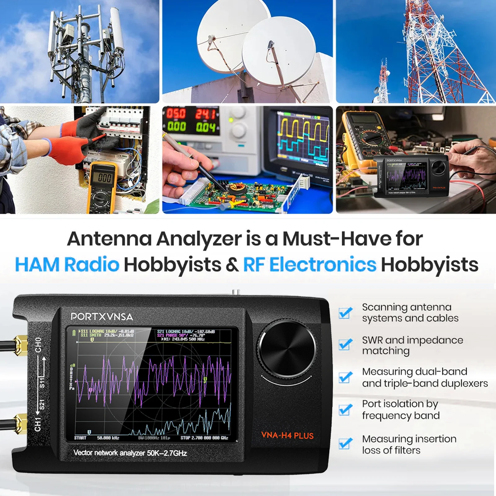 50KHz  2.7GHz PORTXVNSA NanoVNA-H4 Plus VNA 벡터 네트워크 분석기 안테나 분석기