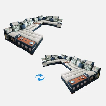 Divano Modulare Rivestito in Tessuto con Portabicchieri, Divano Sezionale Moderno a U con Contenitore, Set Divano Convertibile per Soggiorno