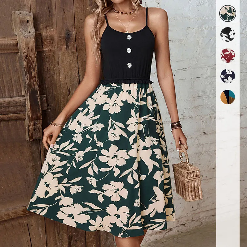 

Summer Sleeveless Flower Suspender Patchwork Slim Short Dress Casual Beach Sundress Button Dress Dress Boho