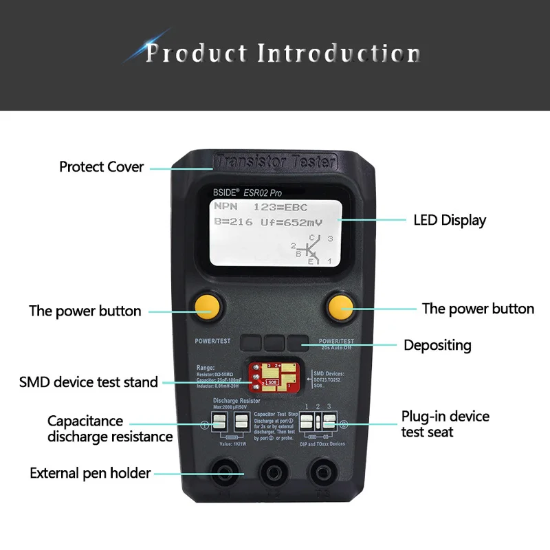 BSIDE ESR02pro Multi-purpose Transistor ESR/SMD Tester Smart Diode Triode Capacitance Resistor Meter LCD meter MOS/PNP/NPN test 5