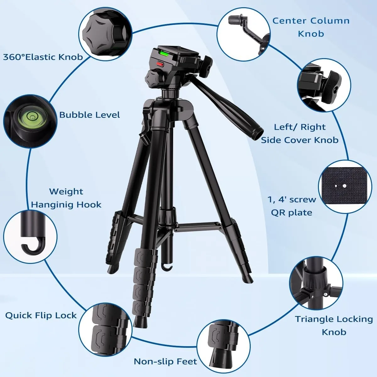 Camera Tripod, 74" DSLR Camera Tripod with 1 QR Plates for Sony/Nikon/Canon, Lightweight Video Tripod Stand - 3
