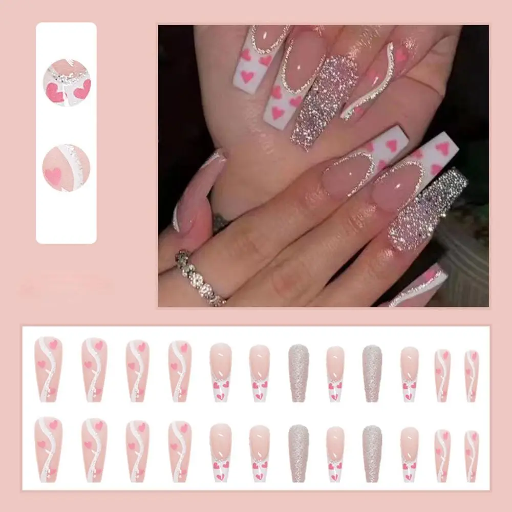 Description Picture 5 of item24pcs/Box Glitter Coffin False Nails Pink/White Heart Design French Ballerina Fake Nails Full Cover Nail Tips Press On Nails