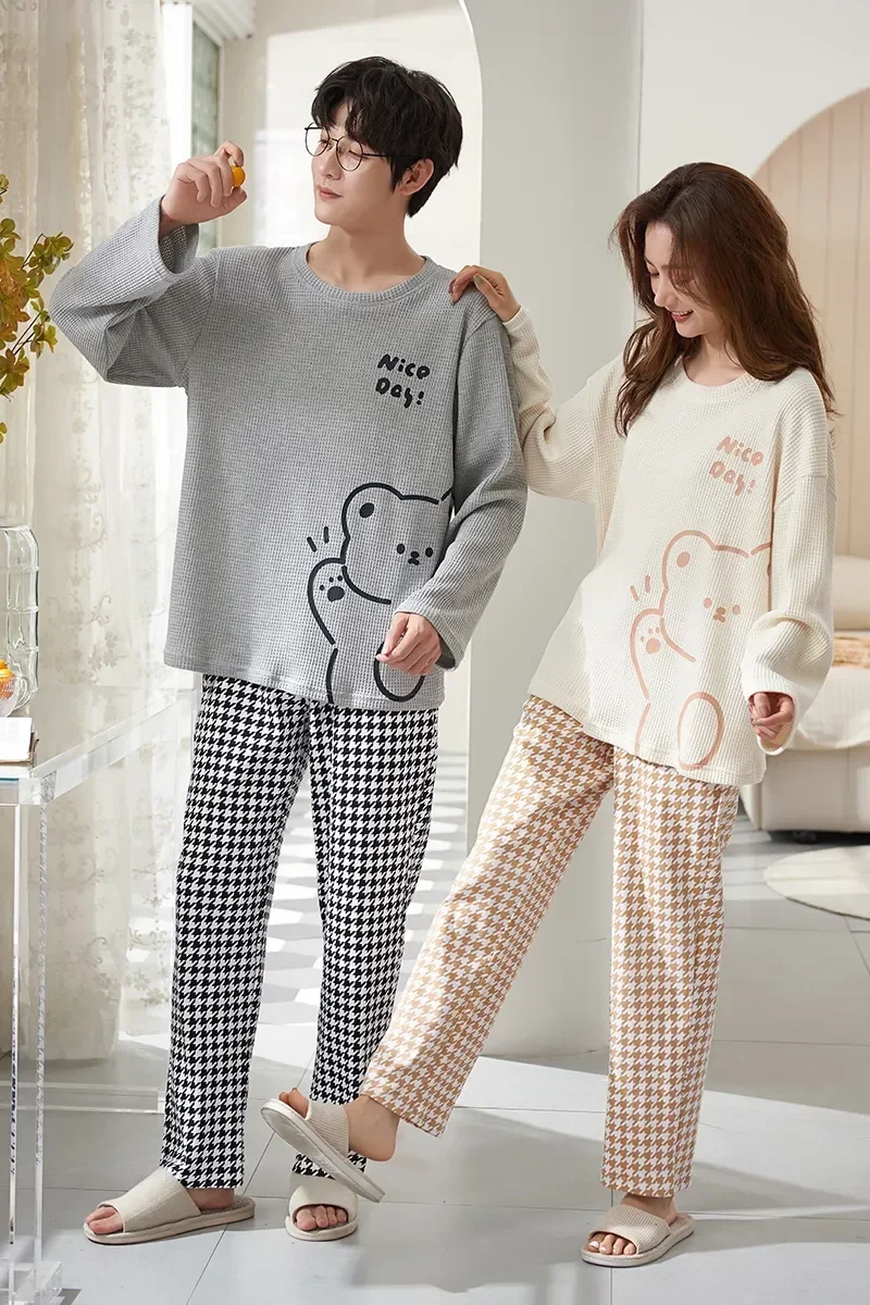 

Lover Nightwear Couple Suit Winter Set Neck Men 2piece Bear Print Sleeve Autumn Sweet Long Pajamas Pyjamas Pure Round Cotton