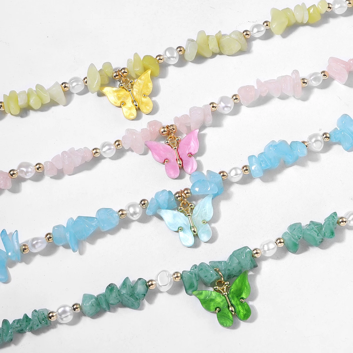 Best Lady 2022 New Fashion Charm Acrylic Stone Color Butterfly Short Necklace Folk-custom Women's Boho Pearl Jewelry |