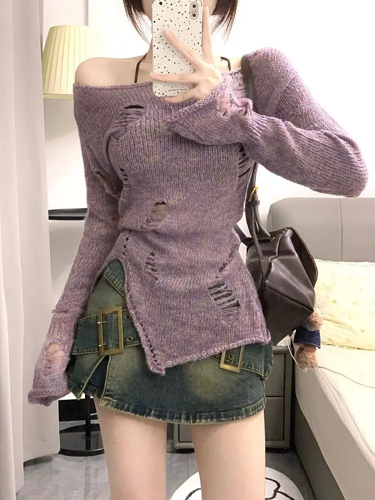 

Deeptown Vintage Hollow Out Knitted Sweater Women Harajuku Sexy Slim Off Shoulder Jumper Korean Casual Ripped Y2K Tops Fairycore
