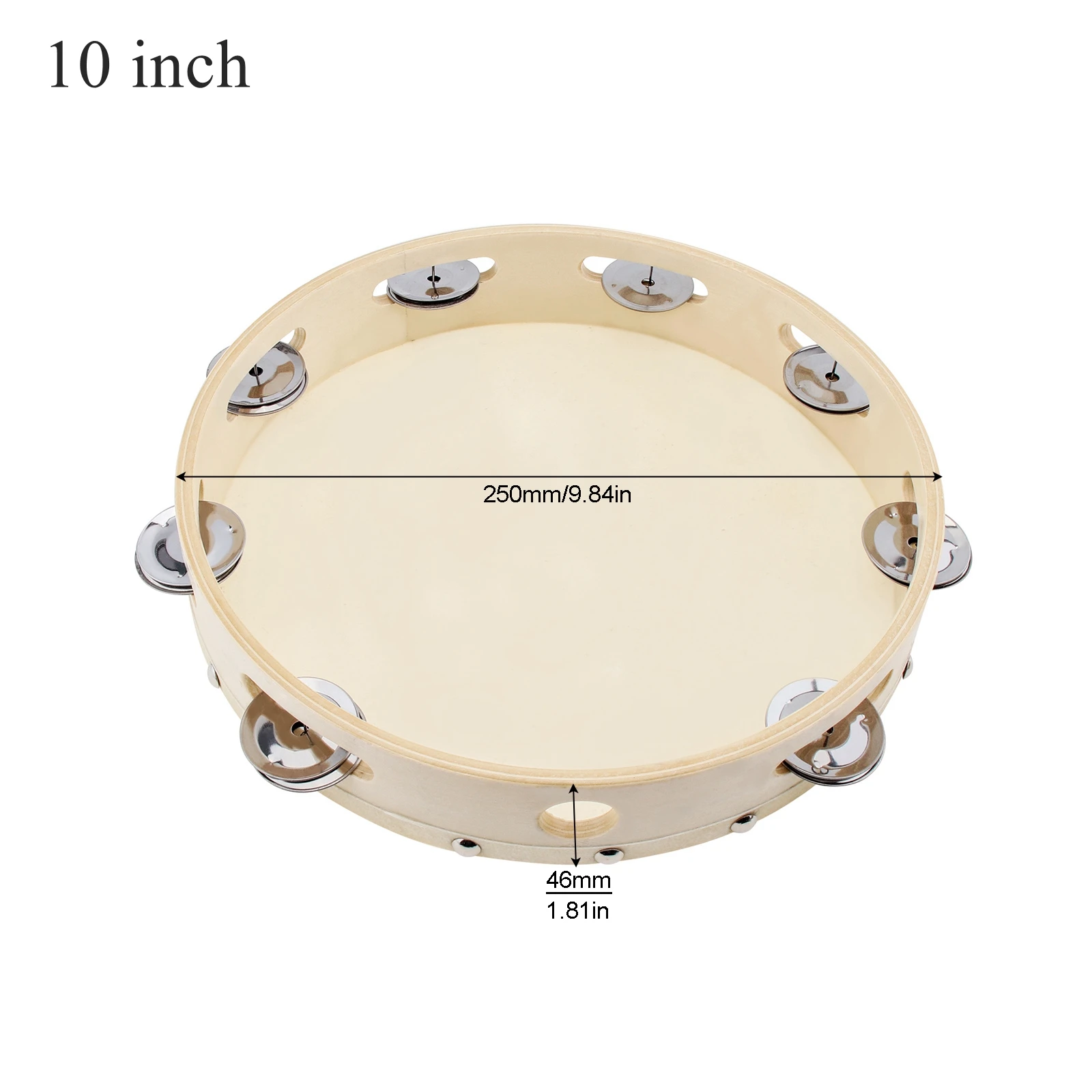 6 / 8 / 10 inch Wood Hand Held Tambourine Drum for Church Party KTV with Sheepskin Drumhead, Single Row Musical Instrument Tools